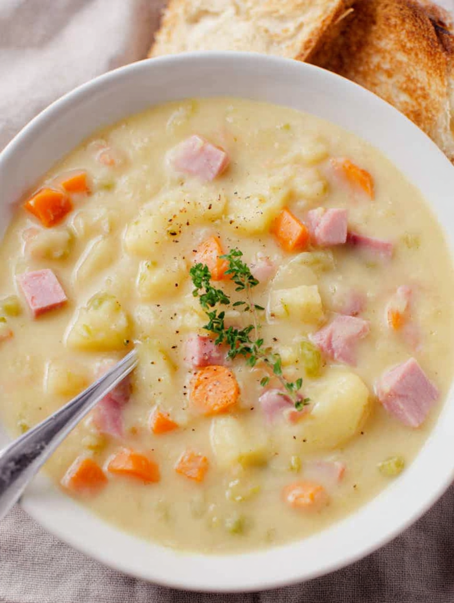 Creamy ham and potato soup in bowl with garnish