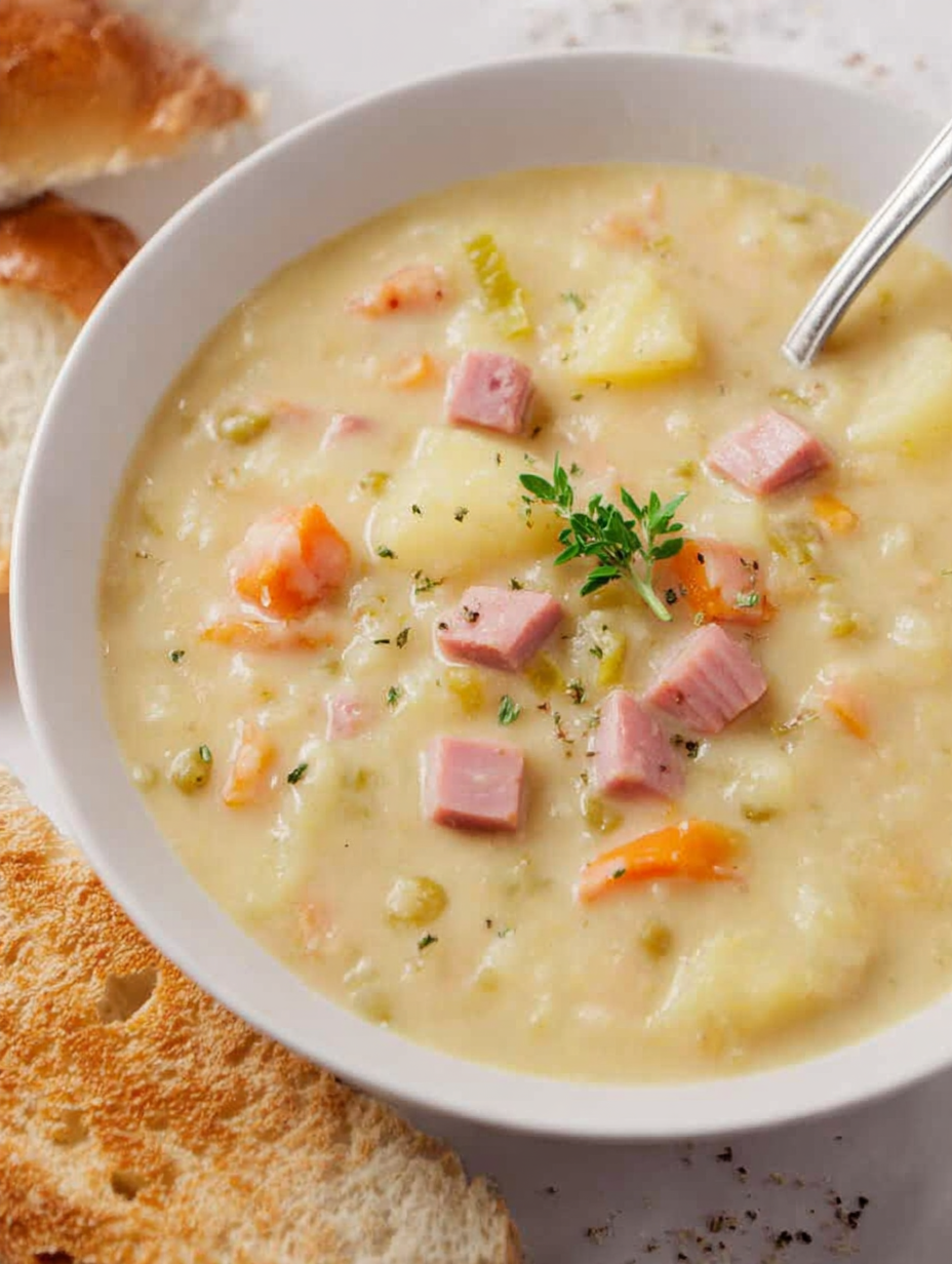 Bowl of soup with garnishes and rustic bread
