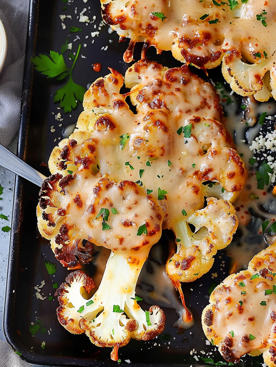 Marinated cauliflower schnitzel on a baking tray