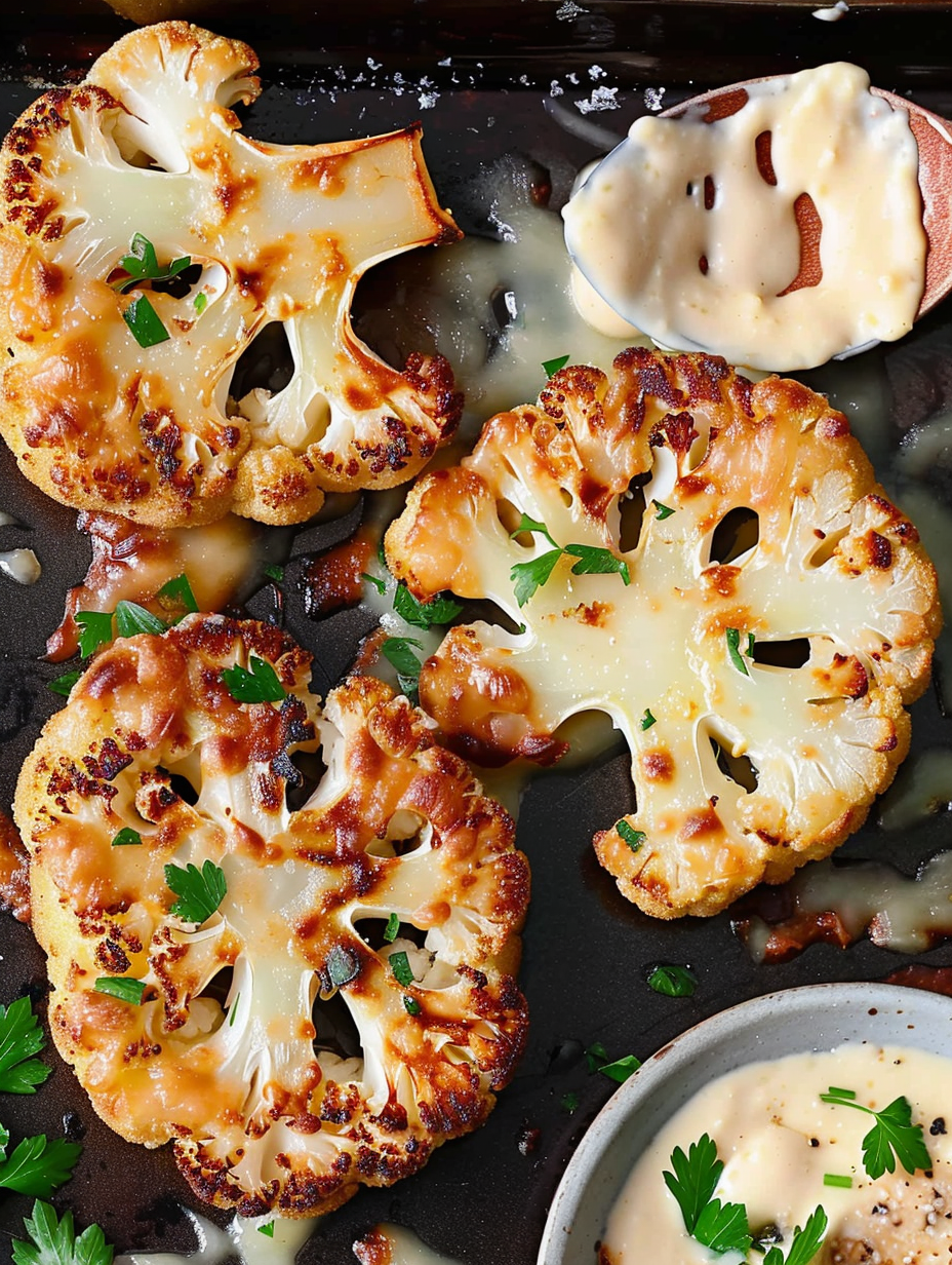 Close-up of golden cauliflower schnitzel topped with herbs