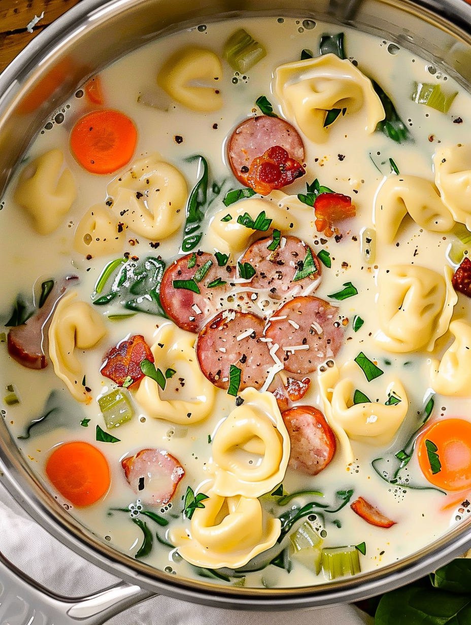 Creamy tortellini soup in a bowl with bacon garnish