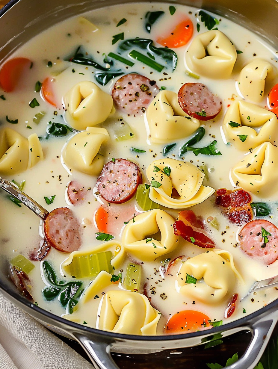 Ingredients laid out for tortellini soup including bacon and tortellini