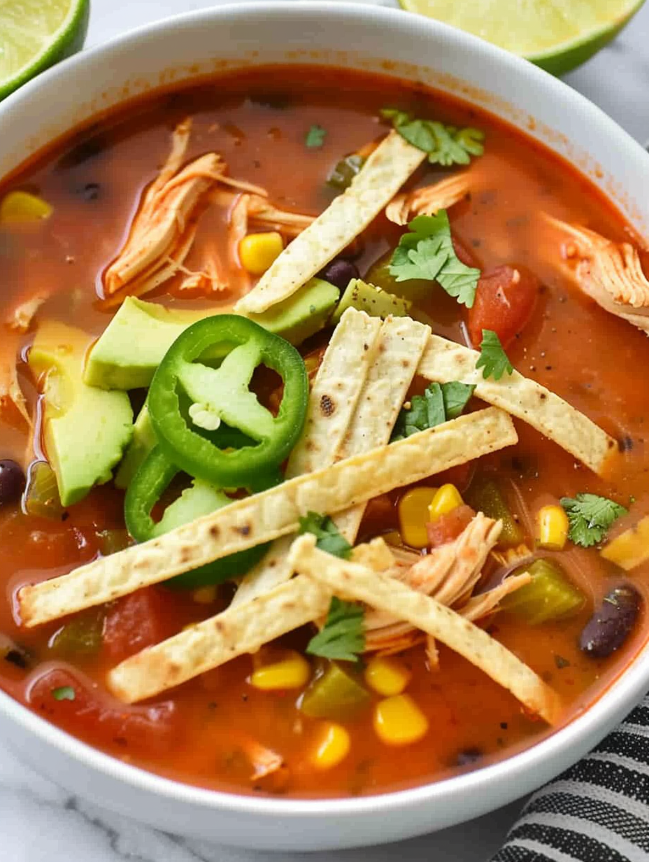 Bowl of chicken tortilla soup topped with avocado and tortilla strips