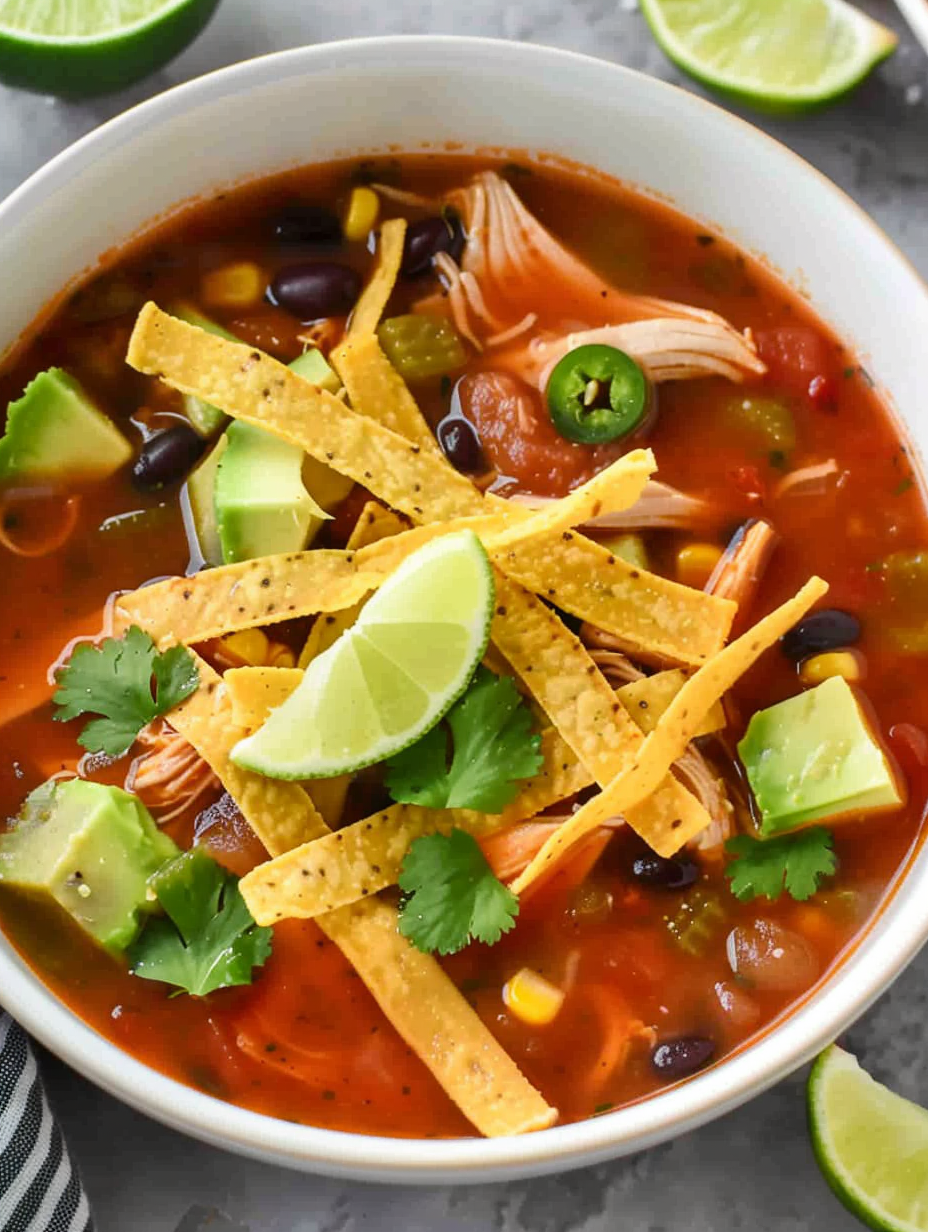 Cooking pot with chicken tortilla soup simmering