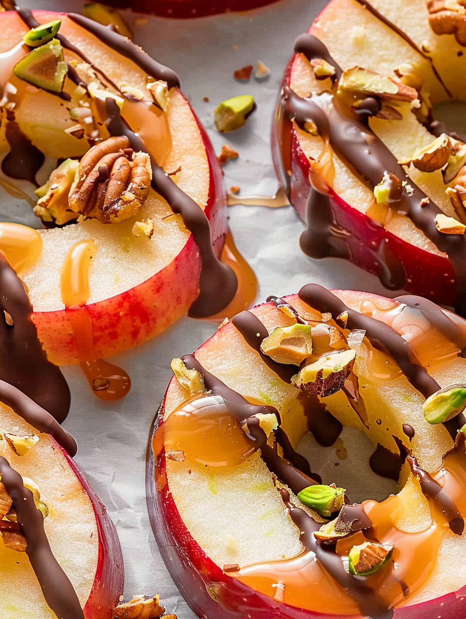Caramel apple slices on parchment