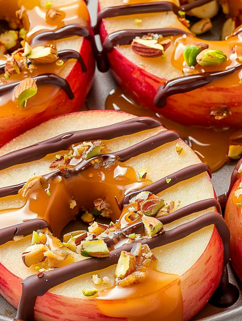 Close up of apple slice with nuts and chocolate drizzle