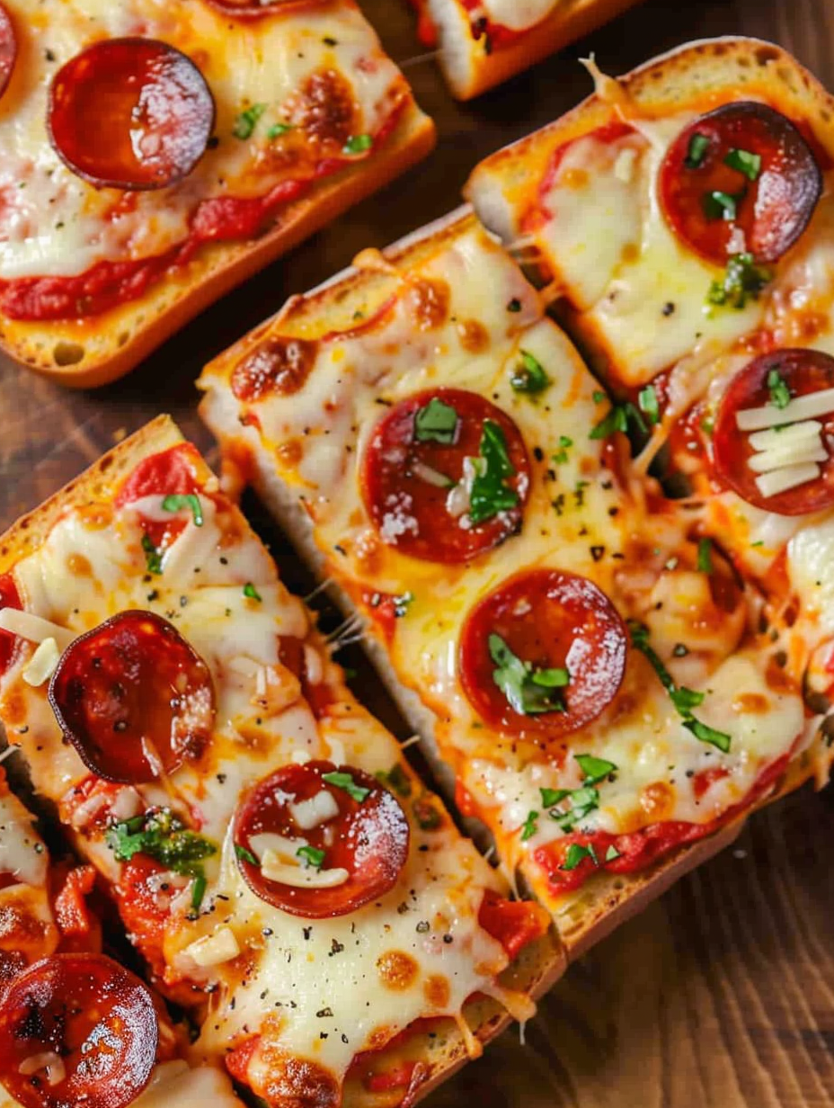 French bread pizza halves on a baking sheet