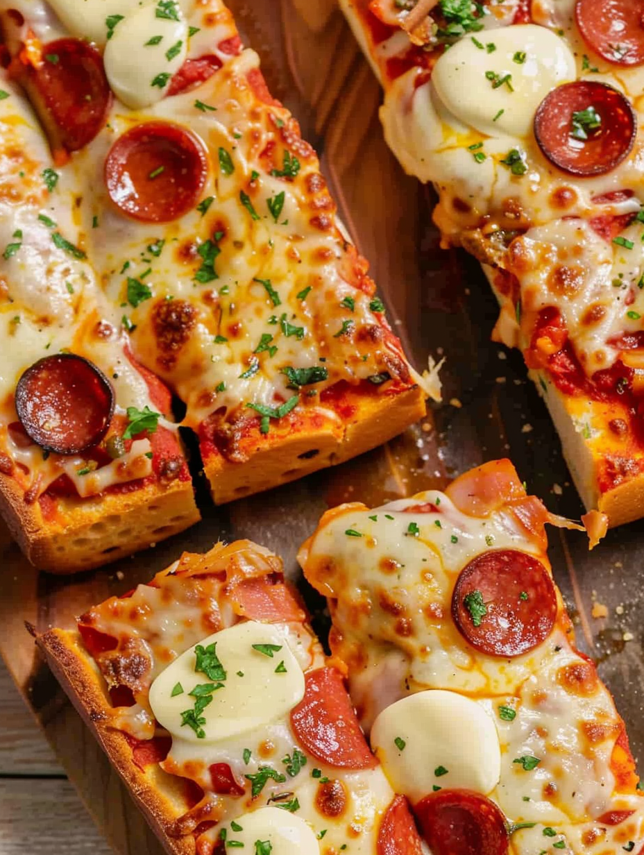 Close-up of melted mozzarella and pepperoni on French bread pizza