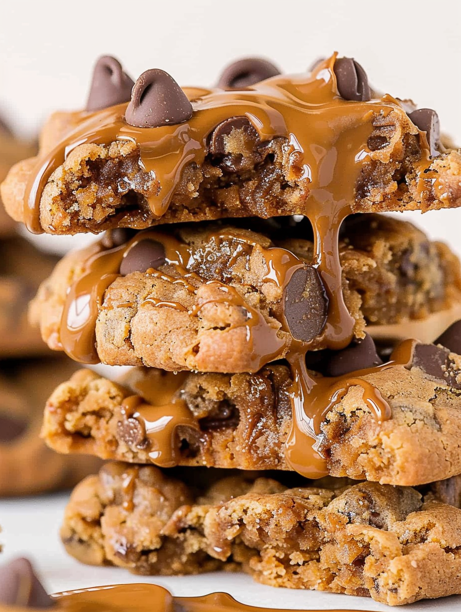 Close up of cookie butter drizzled on top of a cookie