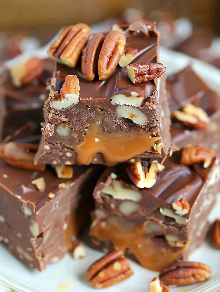Stacked squares of triple chocolate turtle fudge