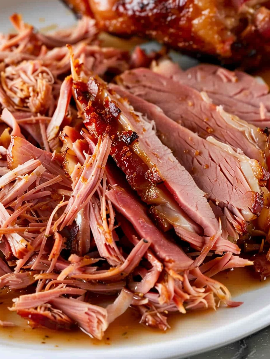 Pulled ham served on slider buns with pickles