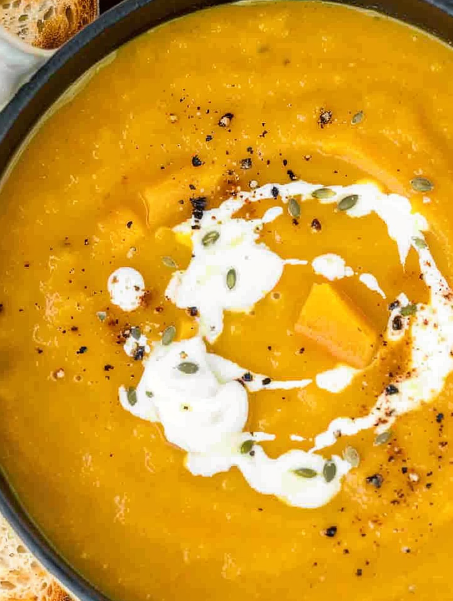 Creamy butternut squash soup served in bowls with garnish