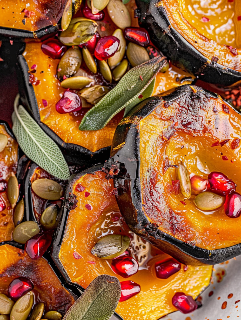 Roasted acorn squash slices on a baking sheet with glaze