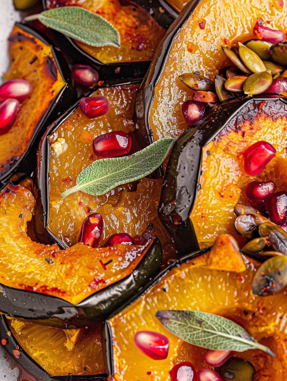 Close-up of glazed acorn squash slice with pomegranate arils