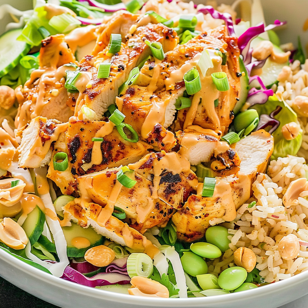 Crispy rice and chicken satay bowl