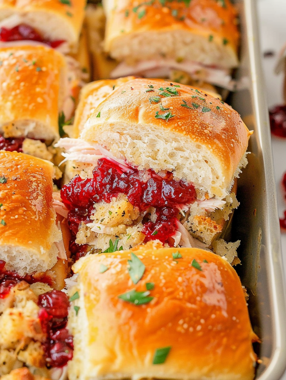 Tray of golden turkey sliders on Hawaiian rolls