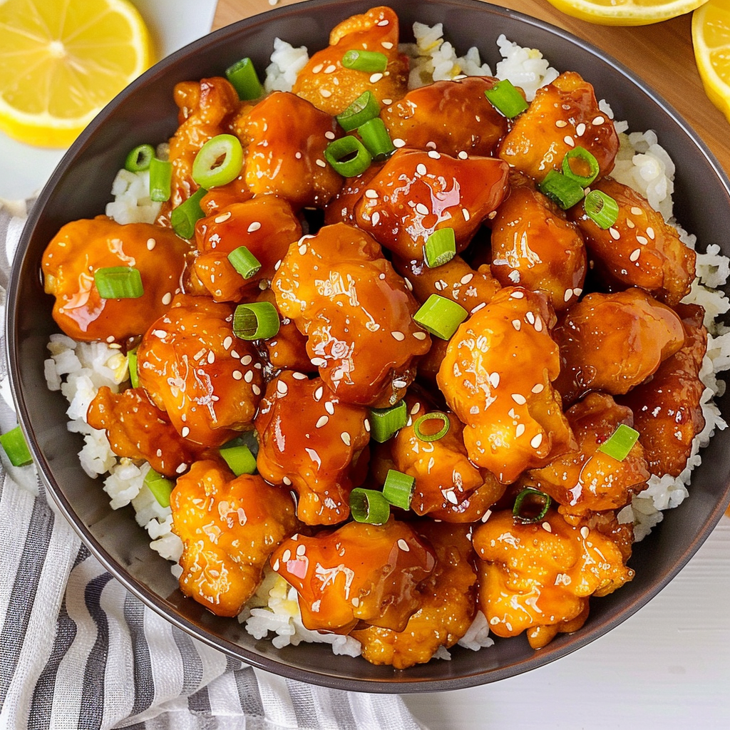 Crispy lemon chicken in a bowl with lemon slices
