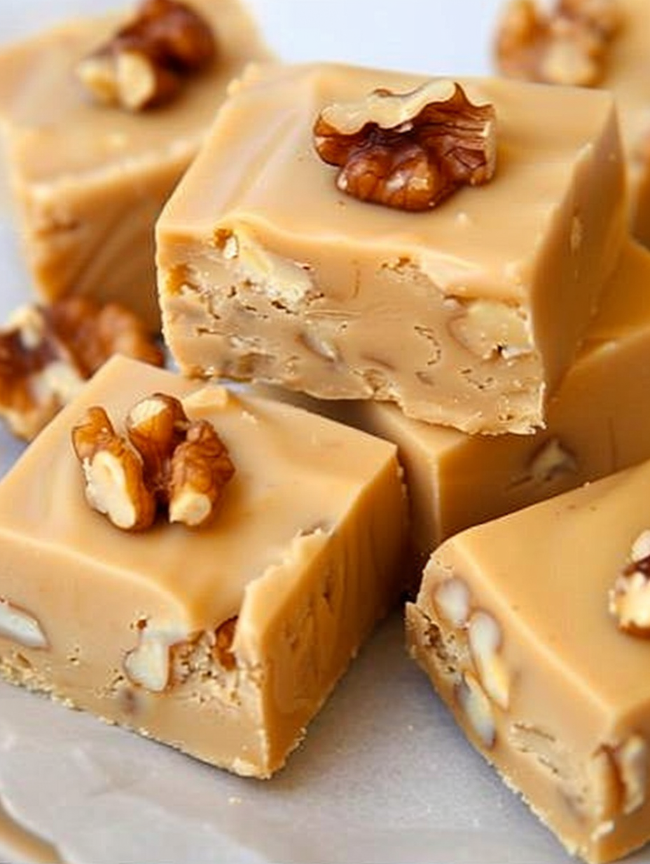 Creamy Maple Nut Fudge in pan with walnuts