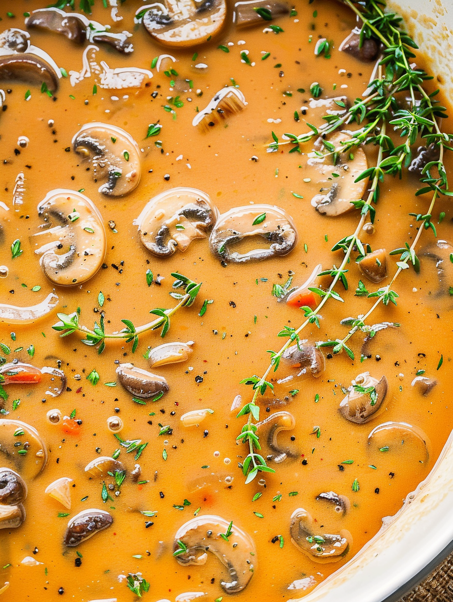 Mushroom gravy in skillet, glossy and thick