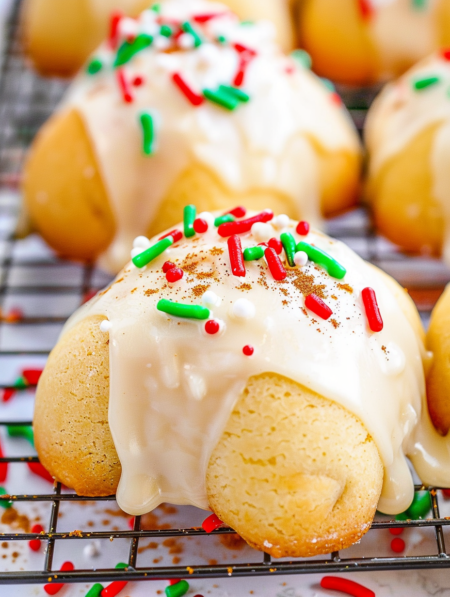 Close up of eggnog glazed teacakes