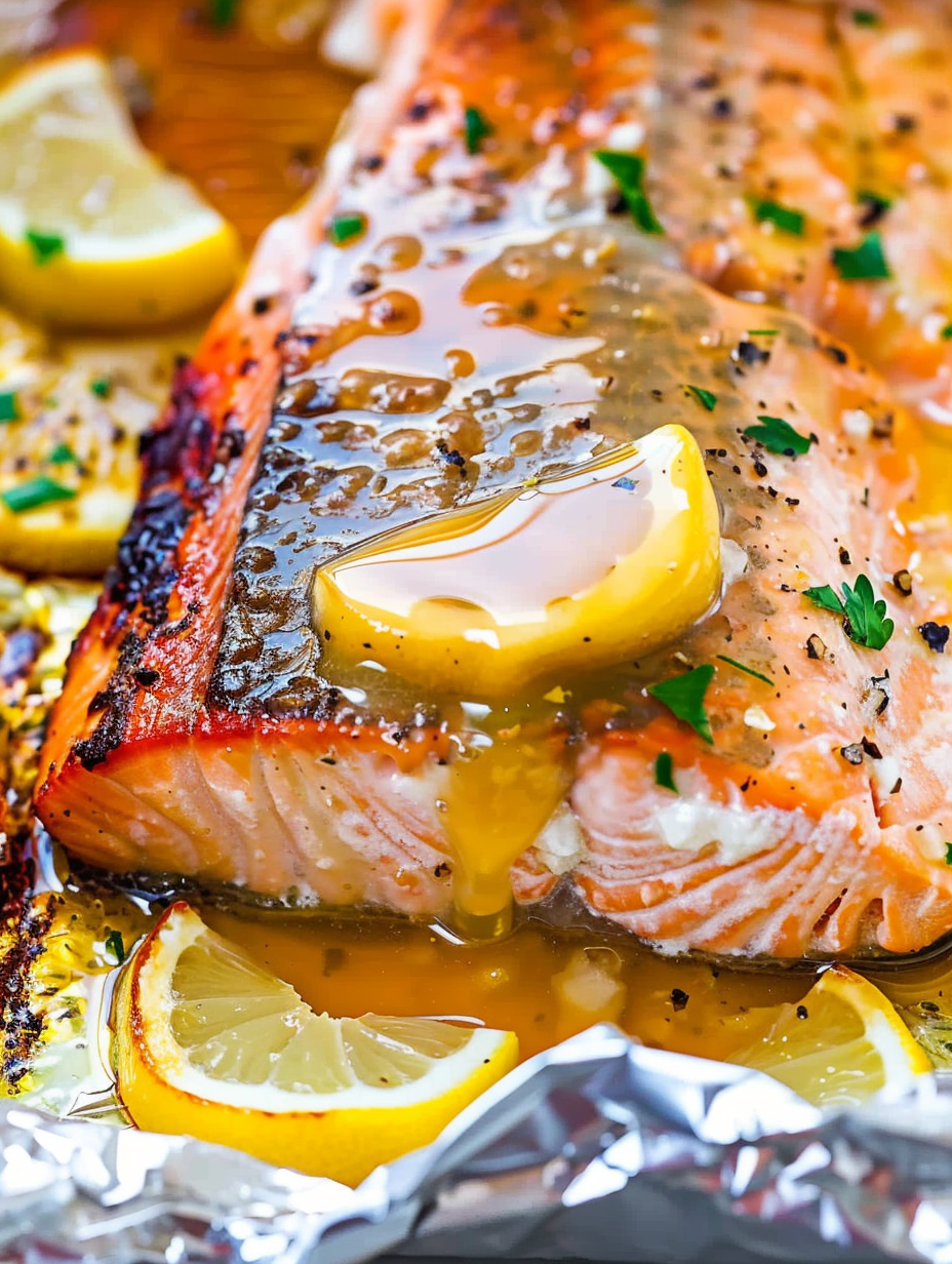 Close up of glazed lemon garlic butter on salmon