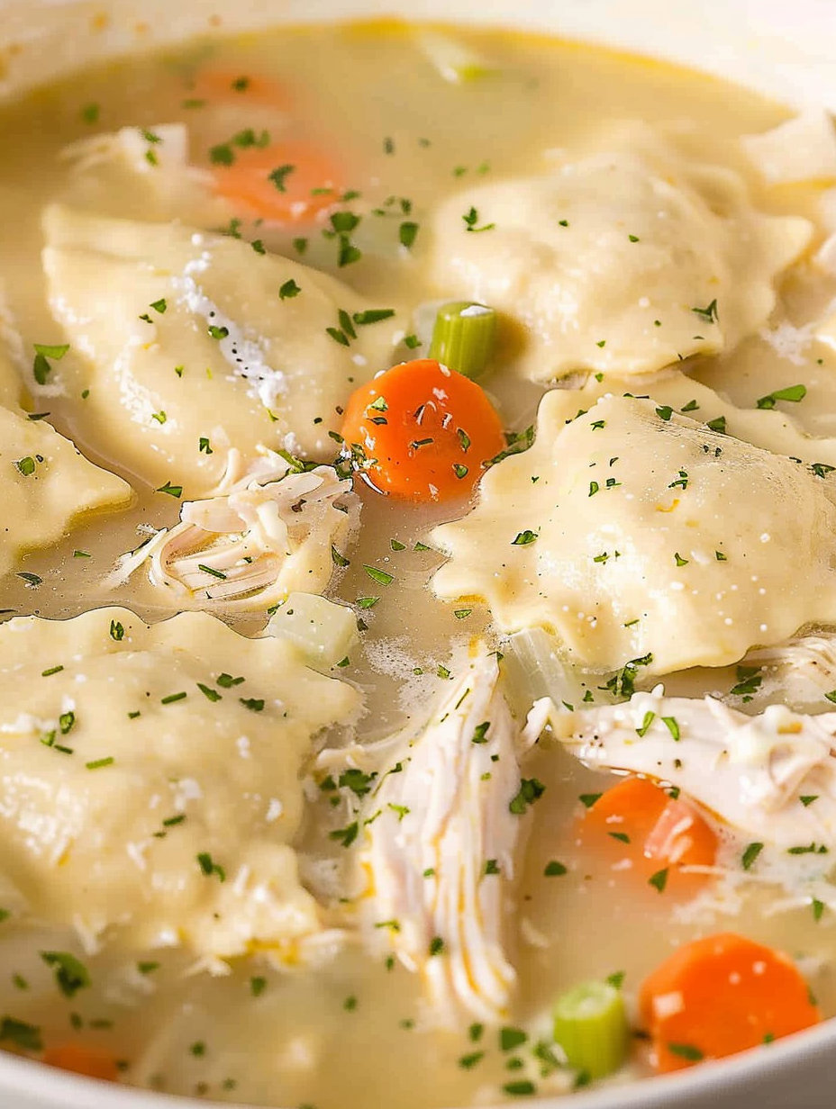 Bowl of chicken and dumpling soup in a white bowl