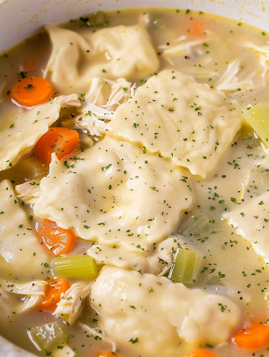 Close-up of dumplings in a ladle over soup