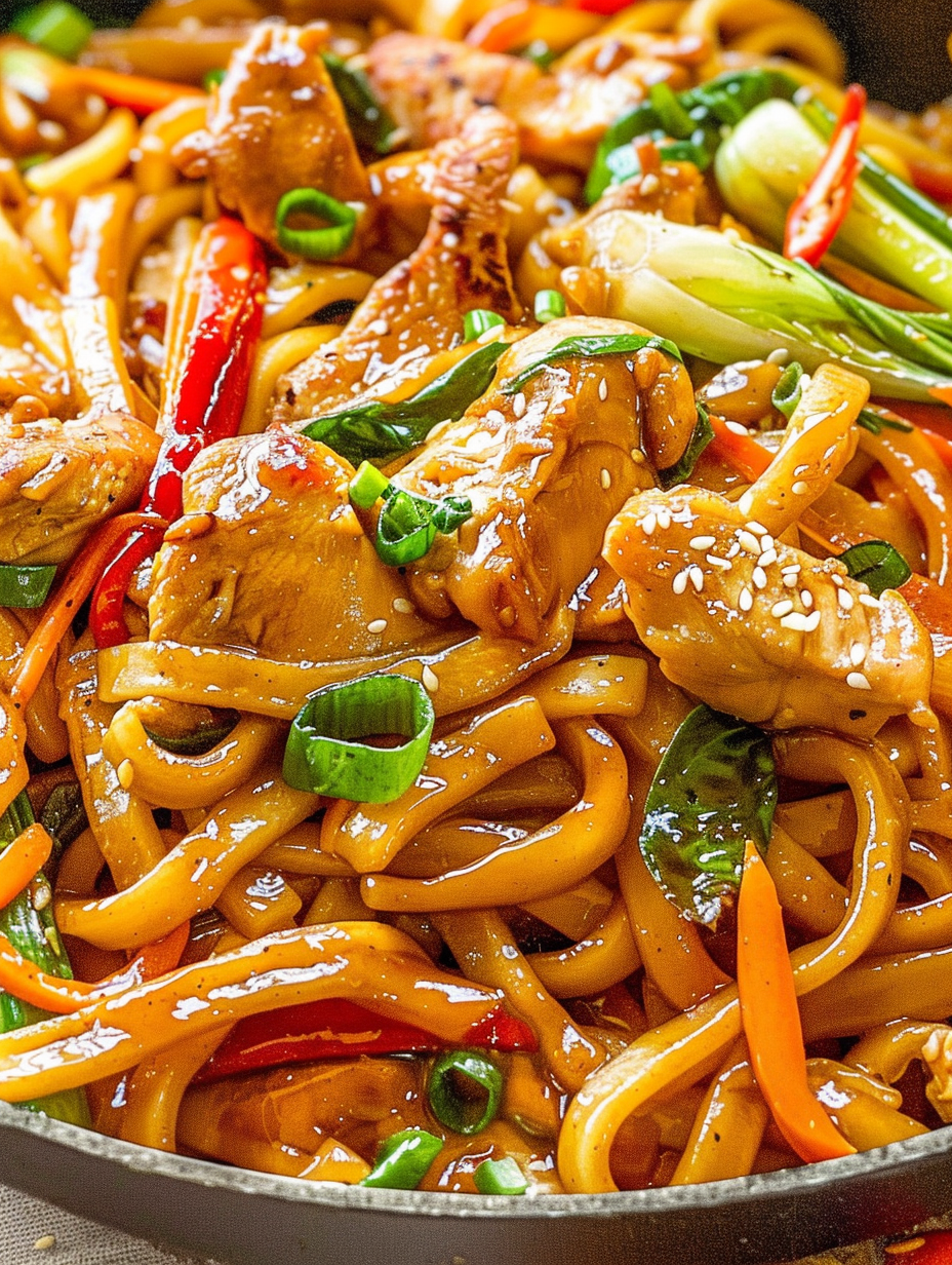 Stir fry in skillet with noodles and vegetables