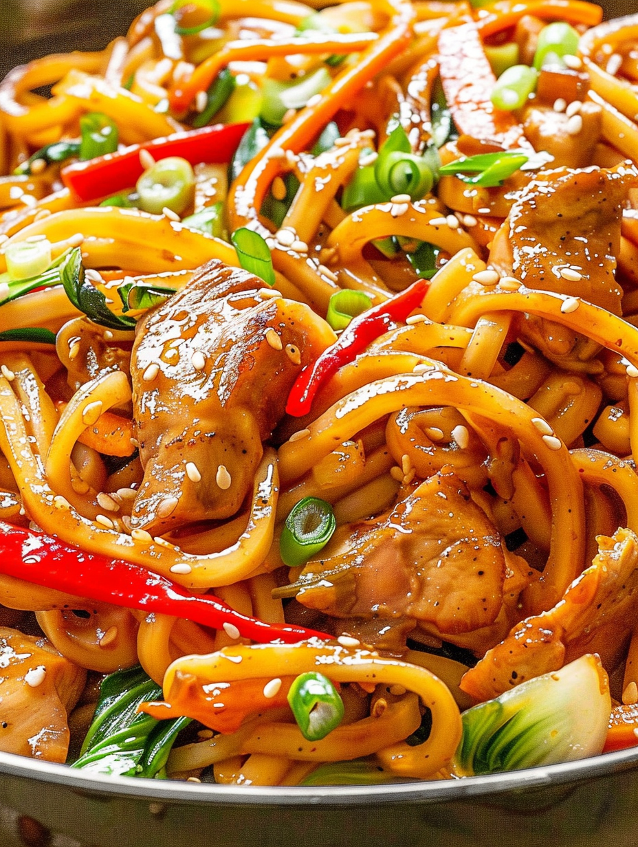 Close up of udon noodles with sesame seeds and scallions