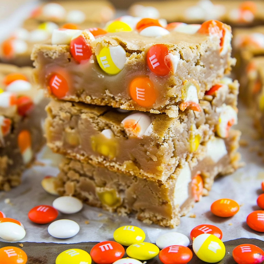 Finished Candy Corn White Chocolate M&Ms blondies cooled in pan