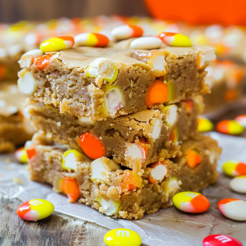 Candy Corn White Chocolate M&Ms blondie batter being smoothed into an 8x8 pan