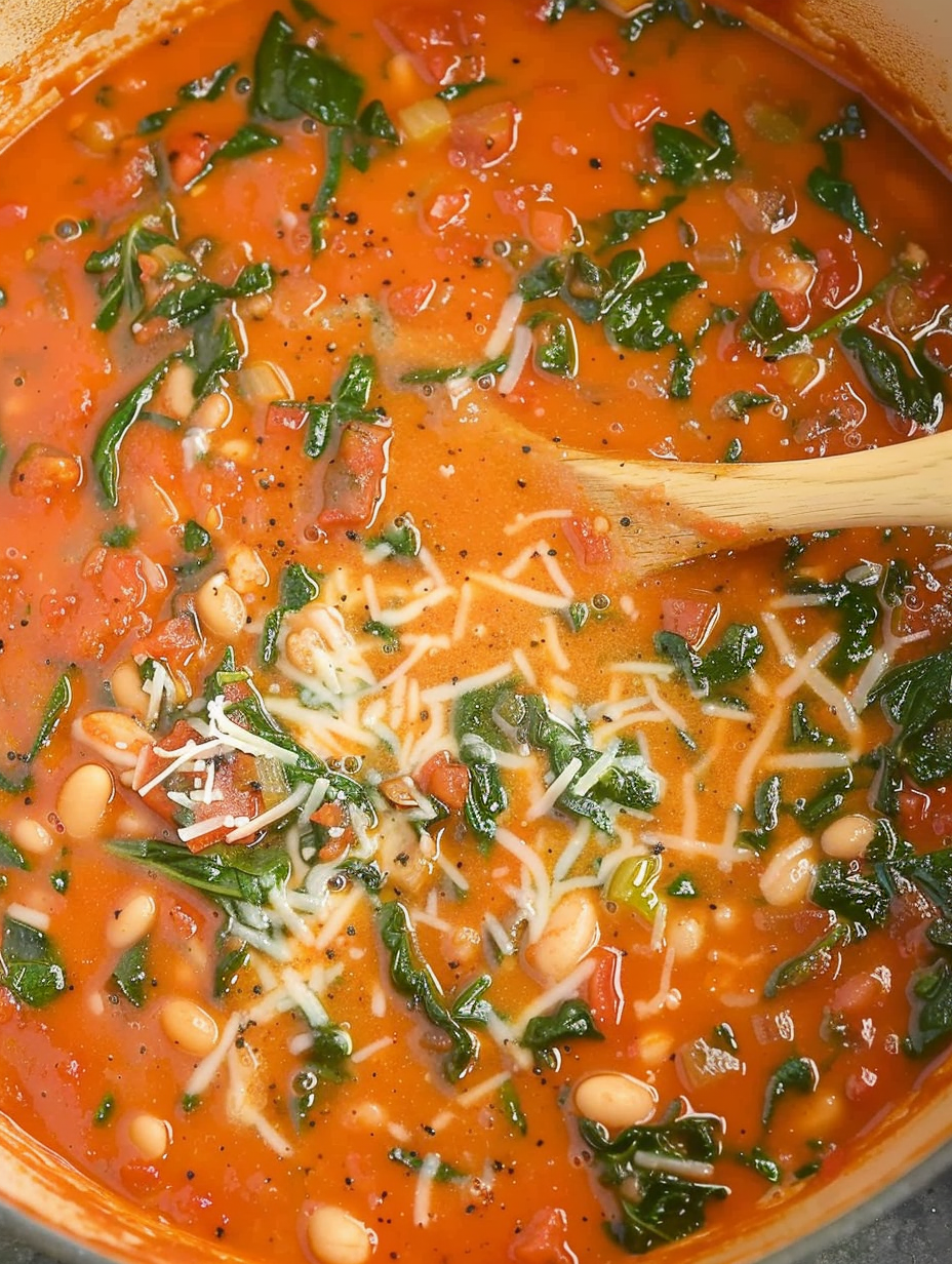 Steaming bowl of tomato Florentine soup in a Dutch oven