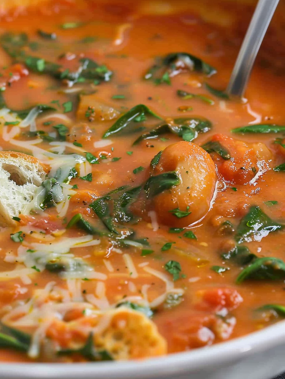 Ladle pouring tomato Florentine soup into a bowl with grated cheese