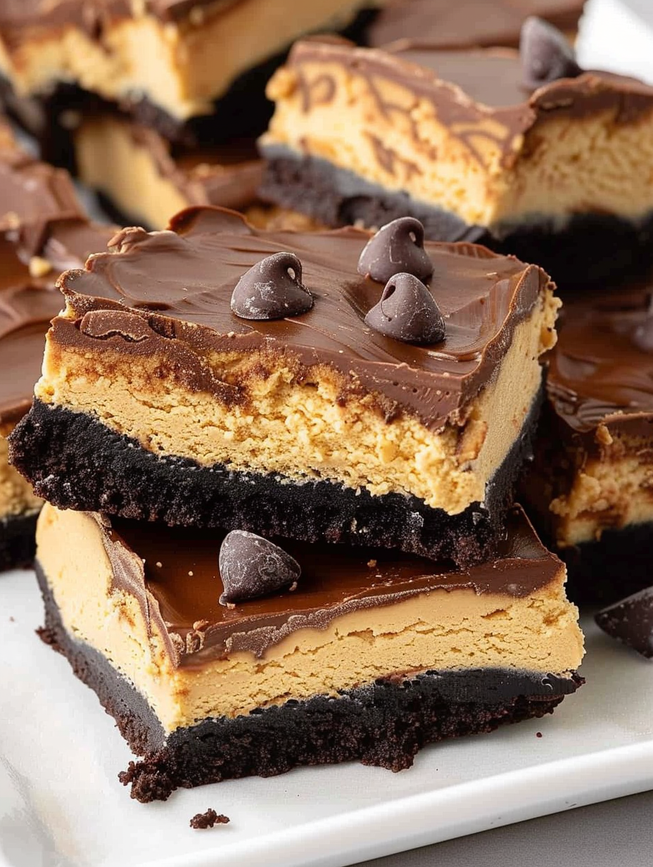 Buckeye Brownies cut into squares showing peanut butter layer