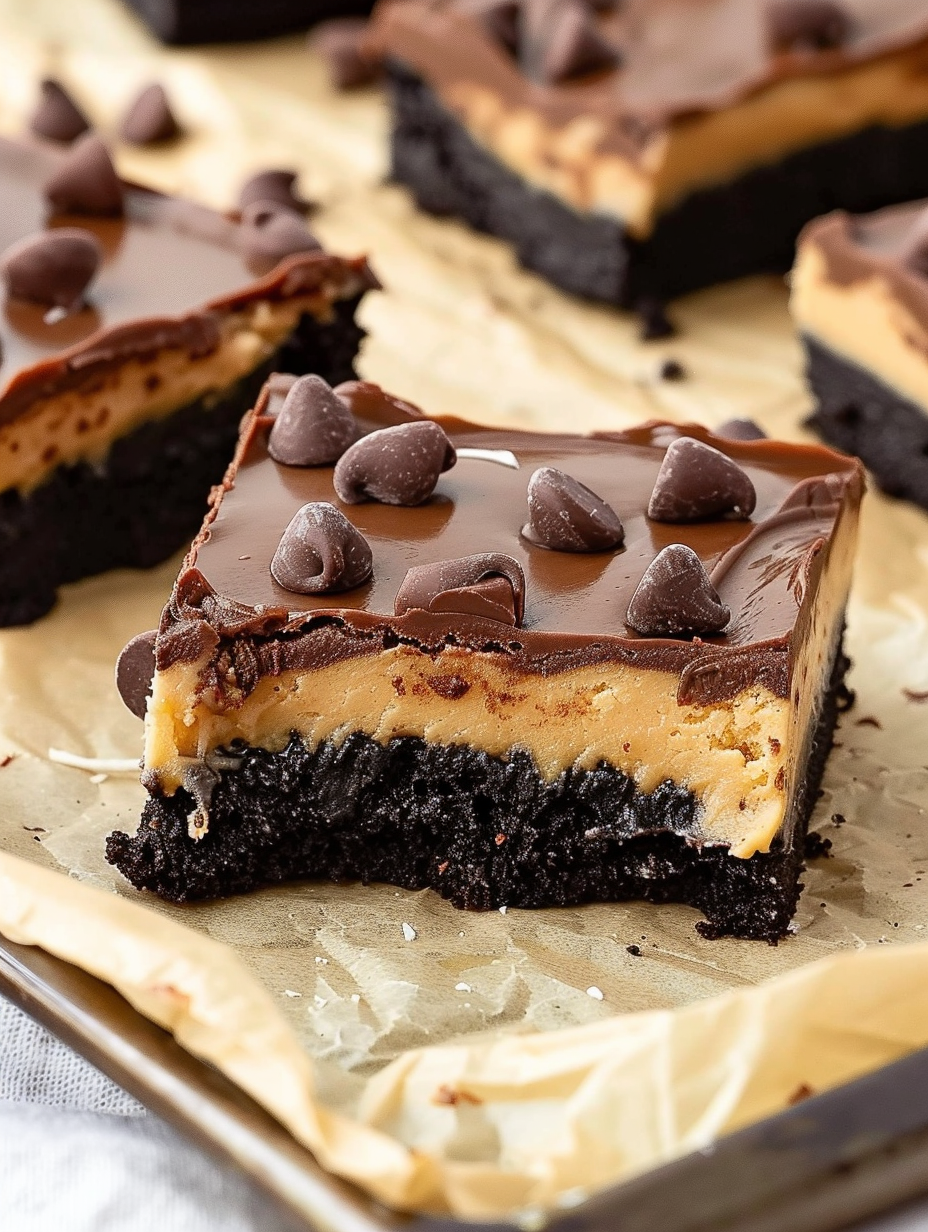 Close-up of ganache being poured over peanut butter layer
