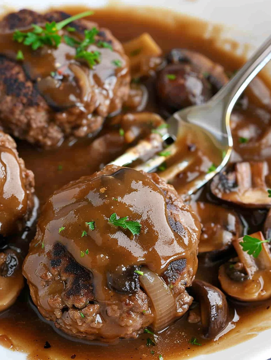 Salisbury steak in mushroom gravy on a plate