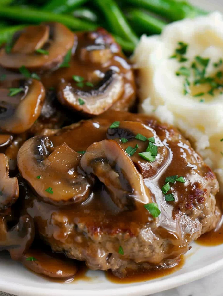 Close-up of mushroom gravy being whisked in skillet