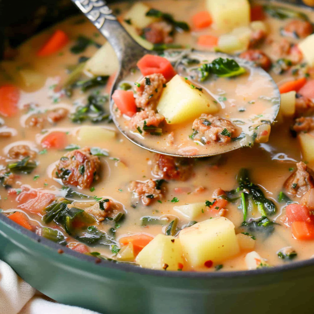 Sausage and potato soup in a bowl with fresh greens