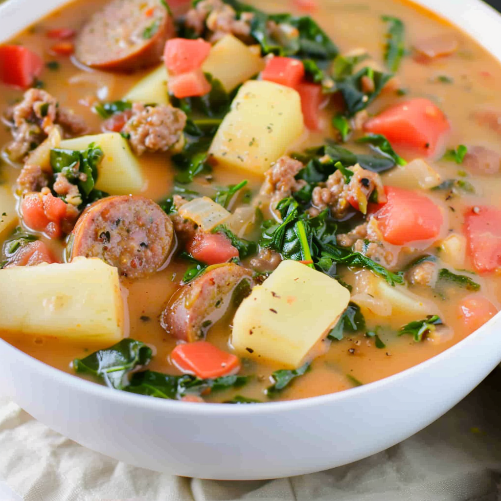 Ingredients for sausage and potato soup on a cutting board