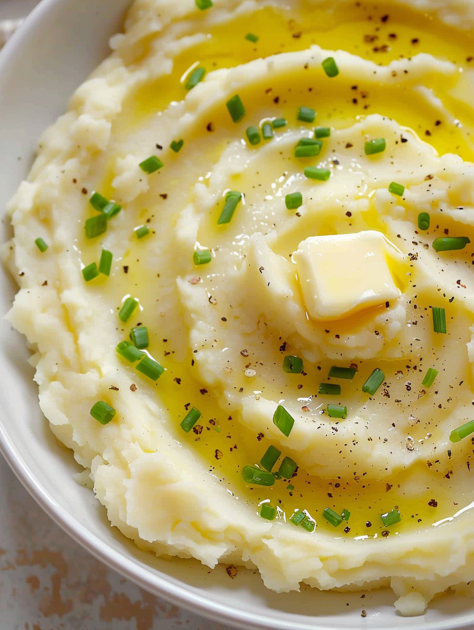 Creamy sour cream mashed potatoes in a white serving bowl garnished with chives