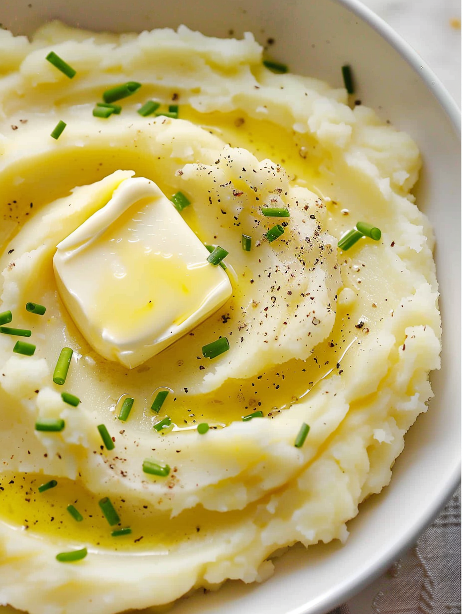 Close-up of mashed potatoes topped with butter and chives