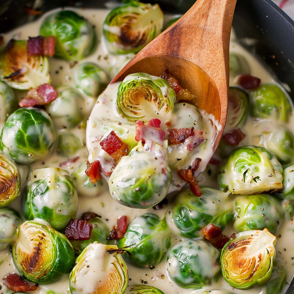 Brussels Sprouts in Alfredo Sauce with Crispy Bacon