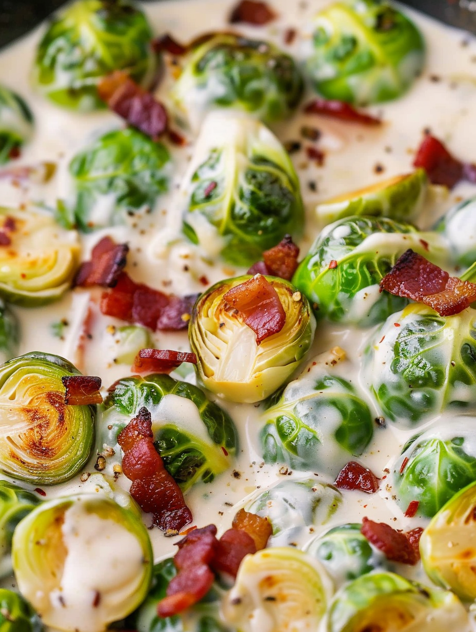 Brussels sprouts in creamy Alfredo with bacon