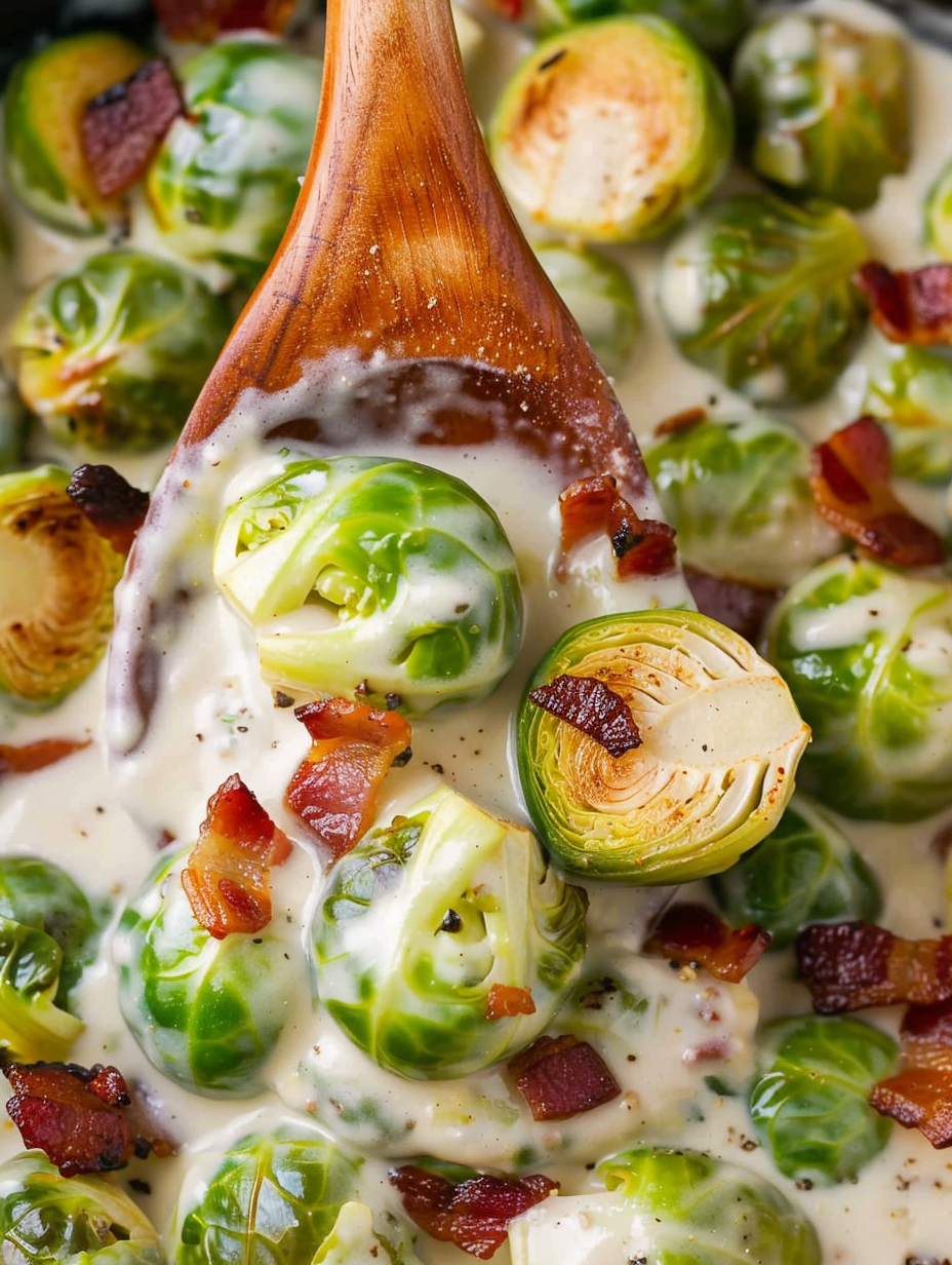 Close up of creamy Brussels sprouts with bacon