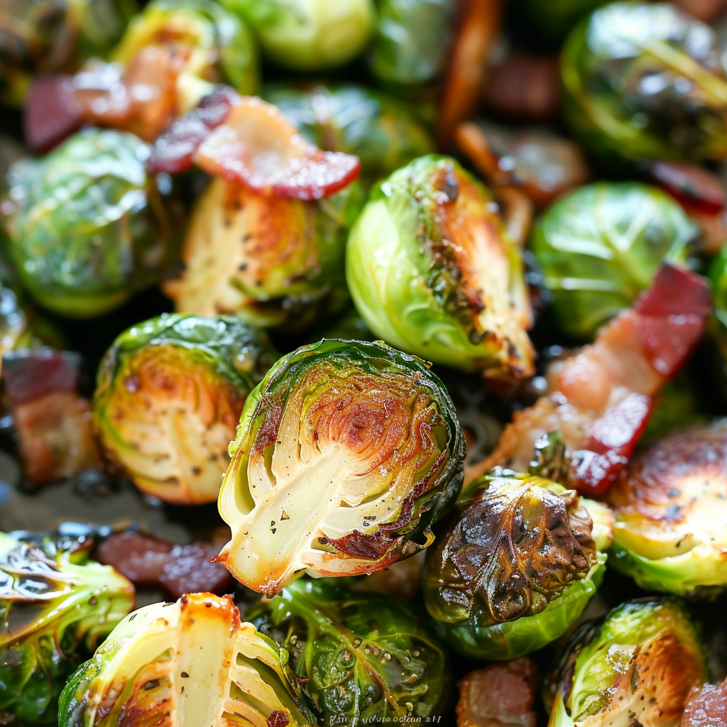 Roasted Garlic Brussels Sprouts with Bacon and Honey Balsamic