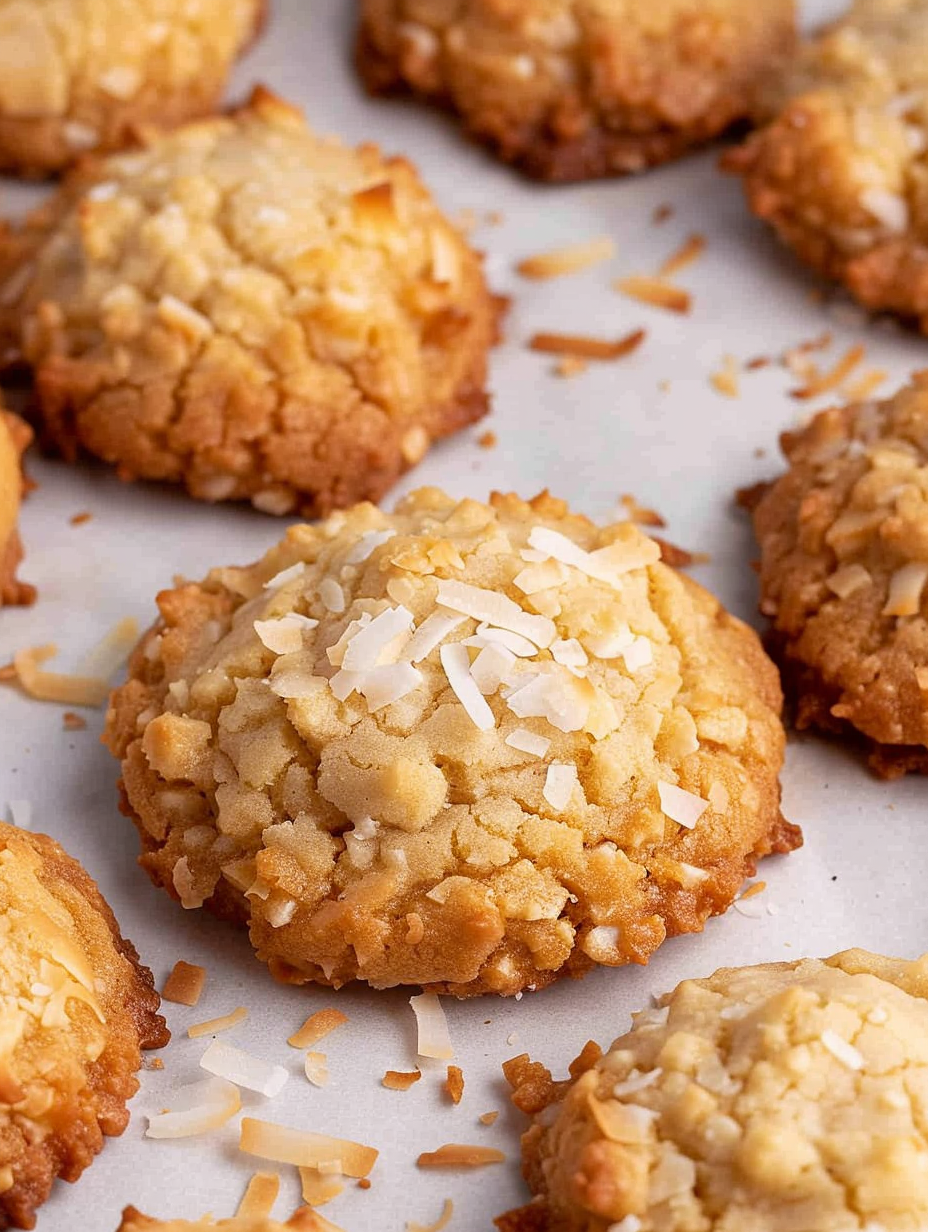 Tray of coconut cookies cooling on a wire rack
