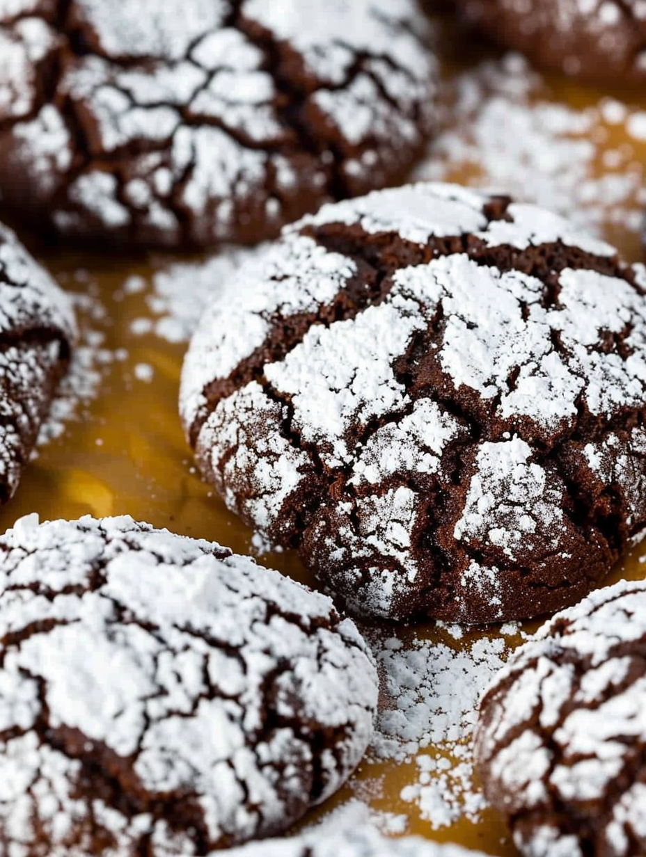 Baked chocolate crinkle cookies on a cooling rack