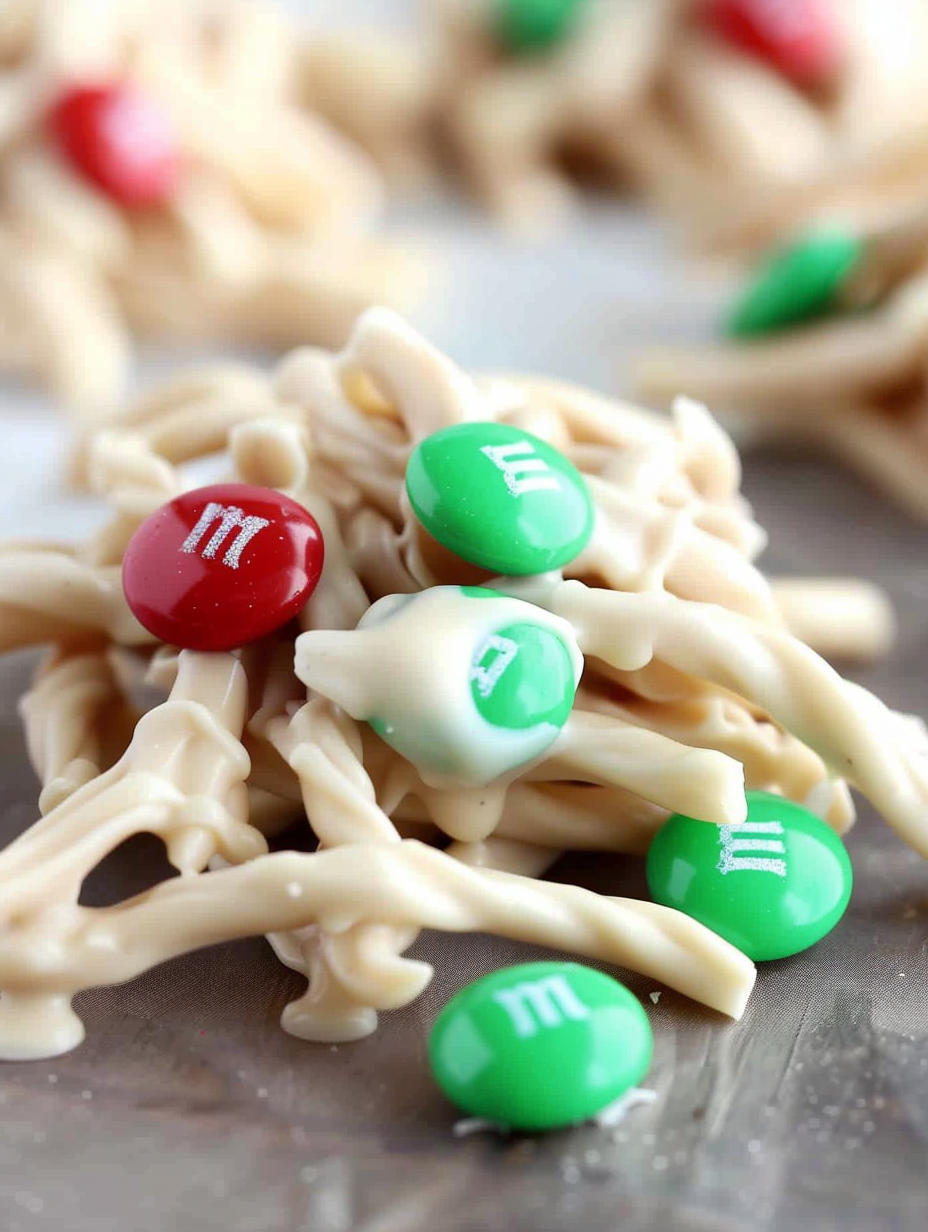 Holiday haystacks on parchment with M&Ms
