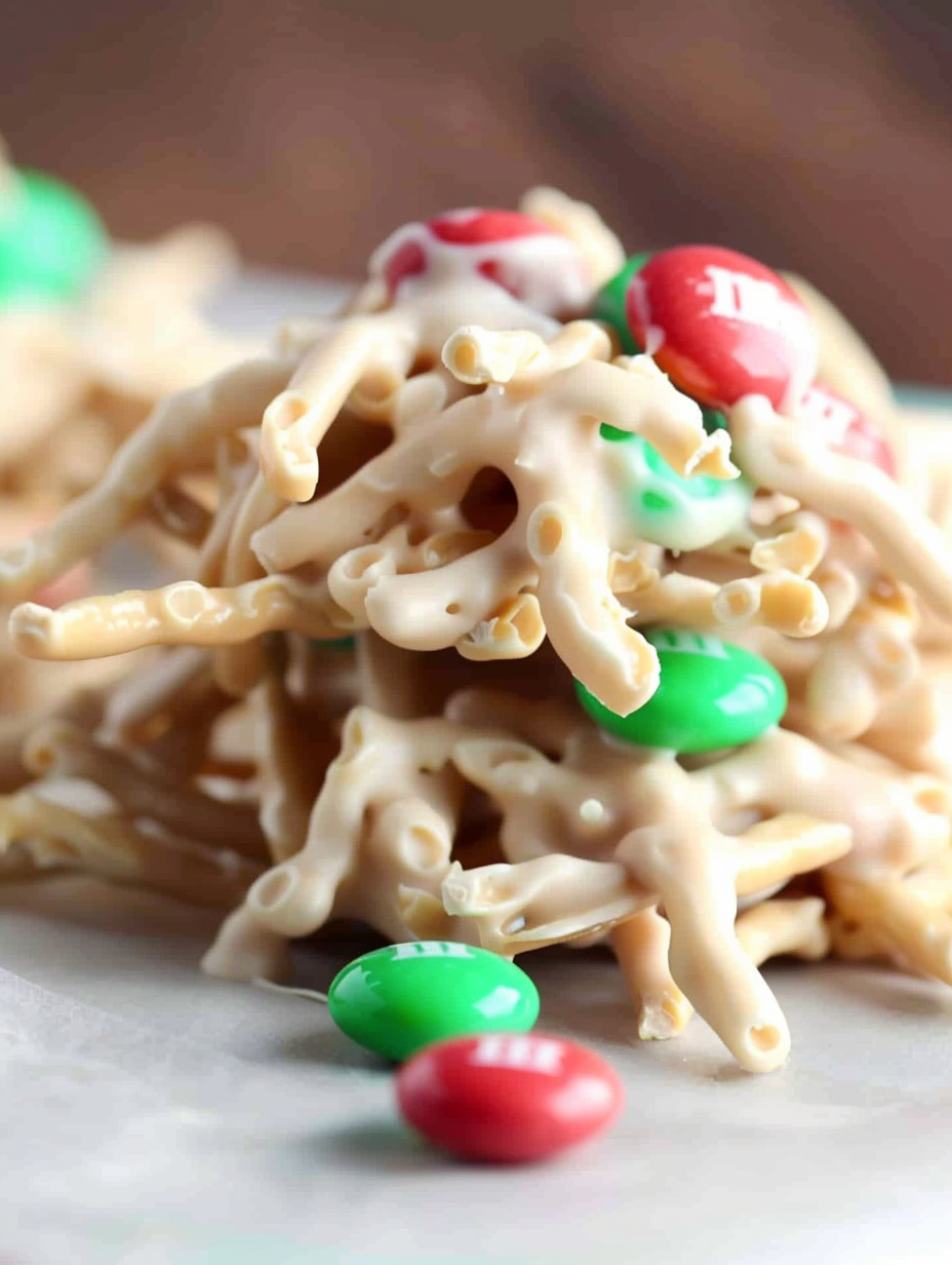 Close-up of a haystack with M&Ms and white coating