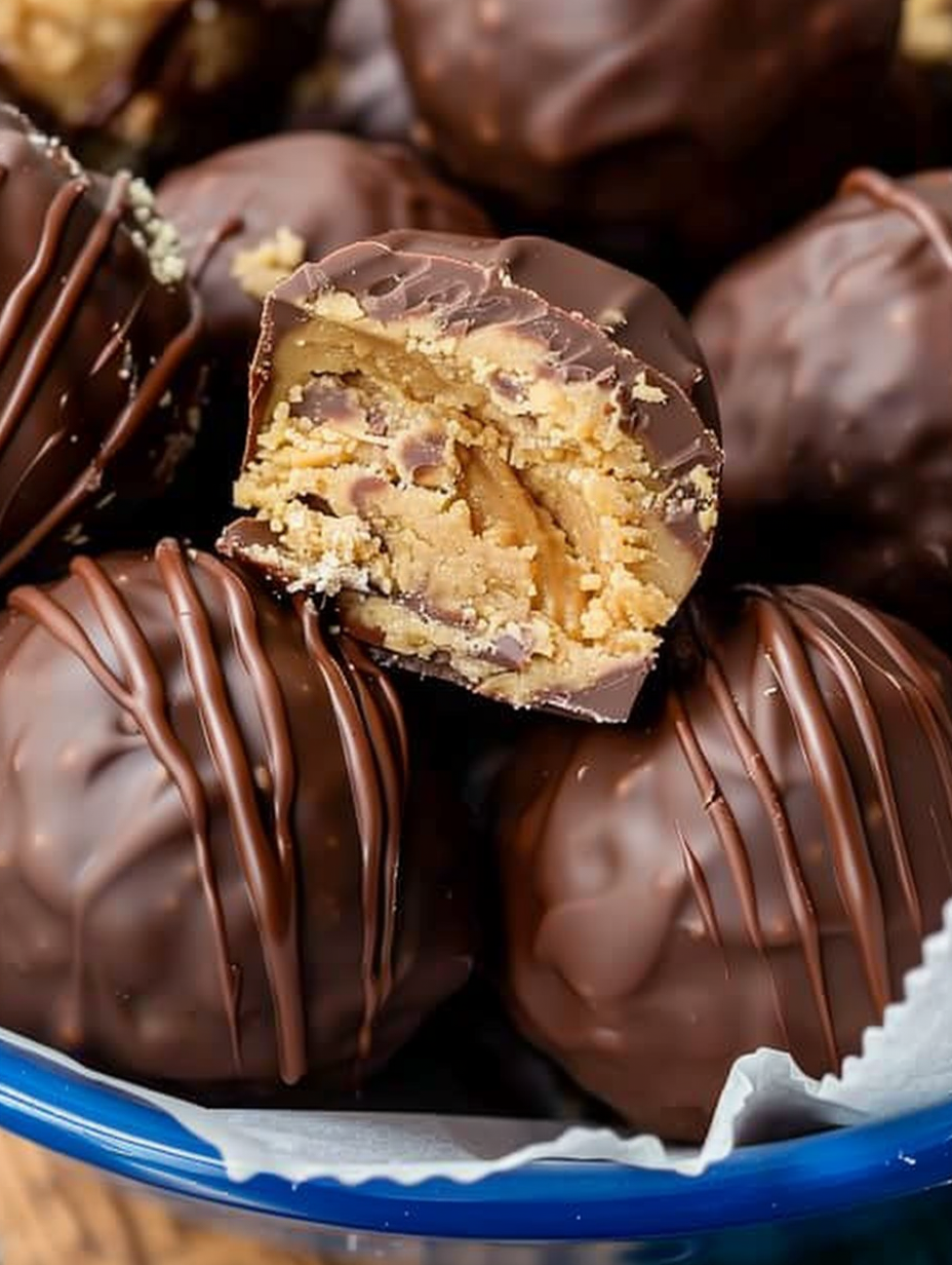 Close-up of a chocolate-coated peanut butter ball